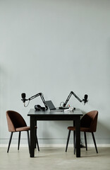 Vertical background image of podcast recording studio with two chairs, copy space - obrazy, fototapety, plakaty