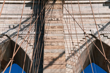 Details of the hybrid cable-stayed suspension Brooklyn Bridge, built in 1883, the first crossing...