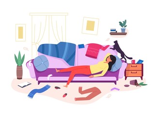 Woman messy room. Lazy unmotivated girl in dirty home apartment, untidy depressed female lying at mess couch, rest apathetic cartoon character with sad cat, garish vector illustration