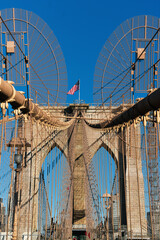 New York, USA - 2021: Brooklyn Bridge, built in 1883, was the first fixed crossing of the East...