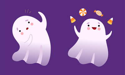 Cute Ghost with Smiling Face Juggling with Sweets and Candy Vector Set