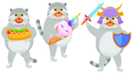Set Abstract Collection Flat Cartoon 
Different Animal Manul Cat Eating Hot Dog, With Huge Ice Cream, With Shield And Helmet Vector Design Style Elements Fauna Wildlife