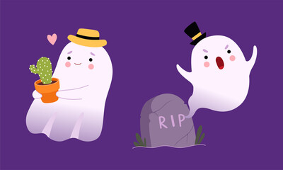 Cute Ghost with Smiling Face Holding Cactus in Pot and Flying Near Tombstone Vector Set