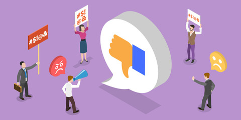 3D Isometric Flat Vector Conceptual Illustration of Hate Comments, Social Network Bbullying