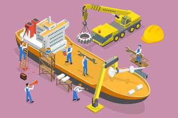 3D Isometric Flat Vector Conceptual Illustration of Shipbuilding, Nautical Vessel Repair and Maintenance - obrazy, fototapety, plakaty