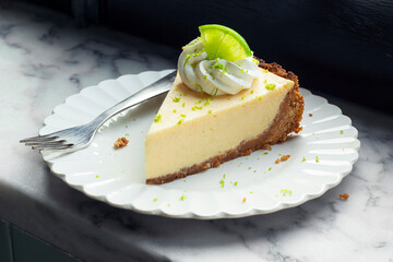 Slice of Key Lime Pie with Whipped Cream and Lime Zest on a Plate