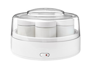 Modern yogurt maker with full jars on white background
