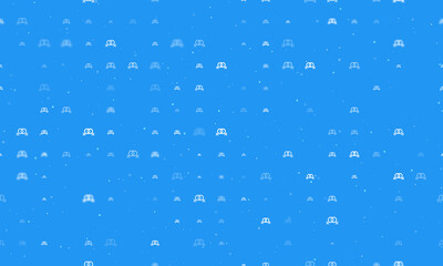 Seamless background pattern of evenly spaced white lesbian symbols of different sizes and opacity. Vector illustration on blue background with stars