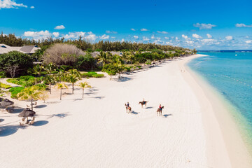 Luxury tropical beach in Mauritius. Beach with palms and blue ocean. Aerial view © artifirsov