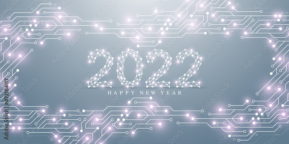 Aufkleber Modern technology template for Merry Christmas and Happy New Year 2022 with connected lines and dots. Digital geometric effect. Vector illustration