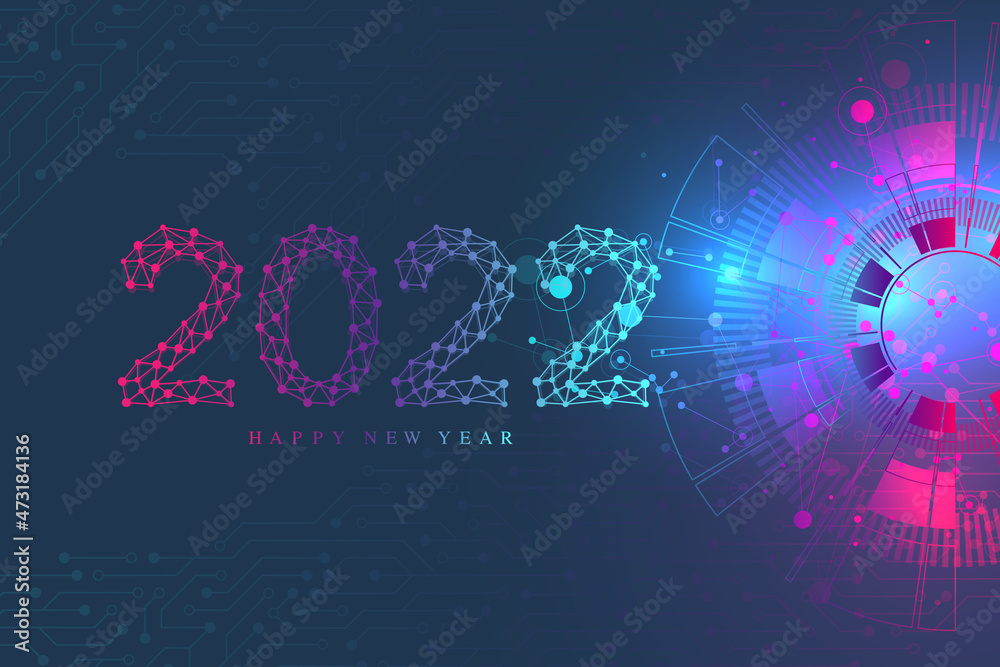 Aufkleber Modern technology template for Merry Christmas and Happy New Year 2022 with connected lines and dots. Digital geometric effect. Vector illustration