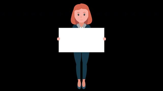 Business woman holding blank board for advertising and presentation, illustration animation in Alpha Channel, transparent background