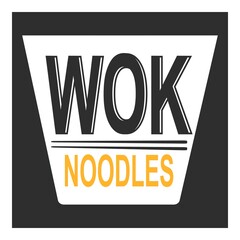 Vector logo with the inscription wok noodles and chopsticks in a box. Oriental cuisine. Design for banner, label, web, decoration, website.