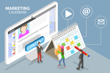 3D Isometric Flat Vector Conceptual Illustration of Marketing Calendar, Social Media Content Scheduling