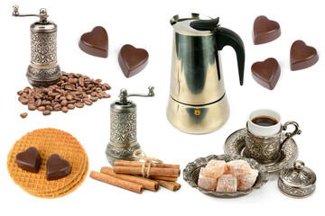 Coffee pot, coffee grinder, coffee beans and sweets isolated on white . Collage.