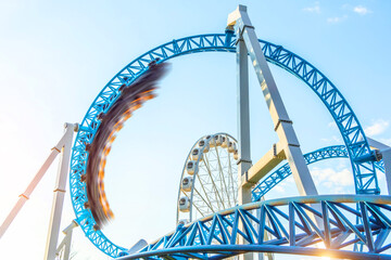 Amusement trolley motion blur speed effect makes circle loop turns upside down, roller coaster....