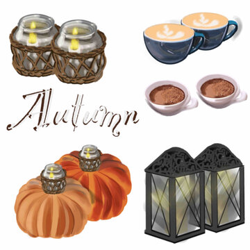 pumpkins,autumn, autumn mood, a cup of cappuccino,a cup of hot drinks, a lantern with a slash.burning candle,cup with cocoa,leaves,orange,white,blue mug,white mug,pumpkins,autumn pictures,picture for 