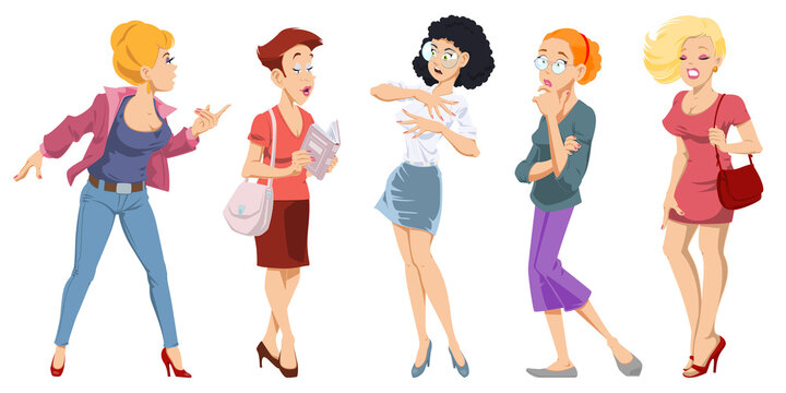 Girls and women in different poses and clothes. Illustration for internet and mobile website.