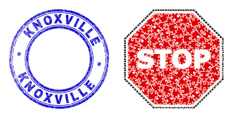Puzzle stop octagon sign mosaic pictogram with Knoxville seal stamp. Blue vector rounded distress stamp with Knoxville title. Abstract mosaic of stop octagon sign icon designed of puzzle parts. - obrazy, fototapety, plakaty
