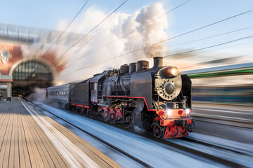Locomotive steam with powerful clouds of smoke leaves the station for a retro trip motion speed.