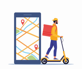 Delivery service concept and application for tracking online orders, food delivery. Man courier riding electric scooter with product box. Vector illustration for website, mobile app.