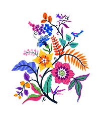 Vector Oriental motif of flowers. Original Floral design with of a woody vine with exotic flowers, tropic leaves and smaller birds. Tree of life Colorful flowers on a white background. Folk style.