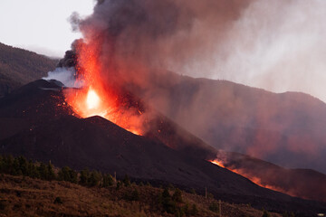 Cumbre Vieja / La Palma (Canary Islands) 2021/10/28. View of the Cumbre Vieja volcano eruption and it's main lava flow.