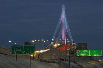 Long Beach, California: the new Gerald Desmond Bridge in Los Angeles County shown at dusk on January 31, 2021.