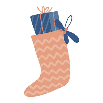 Christmas stocking filled with gift box. Xmas sock. Great symbol for Christmas cards, posters, stickers, wall art. Isolated clipart element. Vector flat Illustration. Only 5 colors - Easy to recolor.
