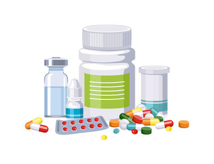 Various medicines, capsules, tablets and bottles with drugs. Pharmaceuticals. Vector cartoon flat illustration.