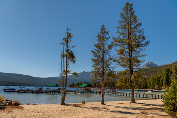 Fototapeta na wymiar Idaho Resort Redfish Lake with beach and boat dock