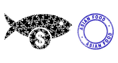 Puzzle fish price mosaic icon with Asian Food badge. Blue vector round textured seal stamp with Asian Food text. Abstract composition of fish price icon designed of puzzle pieces.