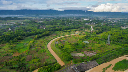 Fototapeta na wymiar Aerial view of Colo Water Dam in dry season. Solo - Indonesia. 