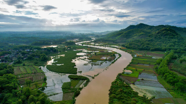 Aerial view of Colo Water Dam in dry season. Solo - Indonesia