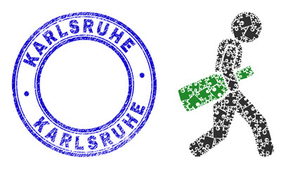 Puzzle wine bottle courier mosaic icon with Karlsruhe seal. Blue vector round grunge seal with Karlsruhe phrase. Abstract mosaic of wine bottle courier icon composed of puzzle pieces.