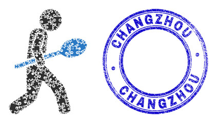 Puzzle spoon courier mosaic pictogram with Changzhou seal stamp. Blue vector rounded textured seal stamp with Changzhou text. Abstract collage of spoon courier icon designed of puzzle pieces.