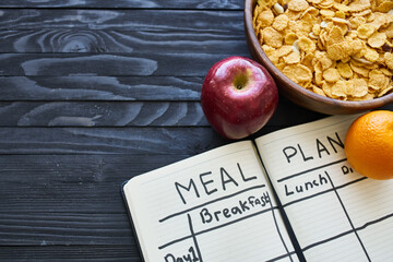breakfast proper nutrition diet plan lifestyle wooden background