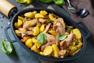 Baked chicken wings  with potatoes, beans, herbs, garlic  and bazil on pan, on dark stone tabletop. Home made food. Greek and Mediterranean Food.
