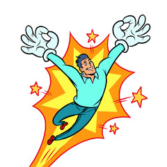 joyful man ok gesture, emotional pose flight