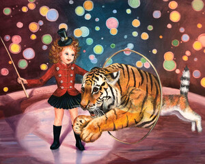 ,Daisy est a mauris tamer Puella, calendarium 2022, bellus illustratione cum tigris et felis in circo, magia et magia. © Валентина Мочалова