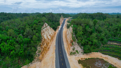 Aerial view of highway with beautiful views. the southern Java crossing line. Central Java, Indonesia