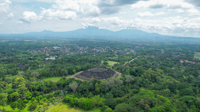 Aerial view of the Magnificent Borobudur temple. The world's largest Buddhist monument, in Central Java. Magelang, Indonesia