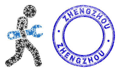 Puzzle spanner courier mosaic icon with Zhengzhou badge. Blue vector round textured watermark with Zhengzhou phrase. Abstract mosaic of spanner courier icon created of puzzle icons.