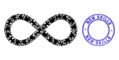 Puzzle infinity mosaic pictogram with New Skills seal stamp. Blue vector round scratched seal stamp with New Skills message. Abstract mosaic of infinity icon combined of puzzle icons.