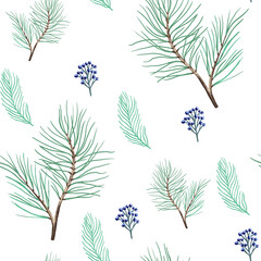 New year seamless pattern with branches, berries and flowers.