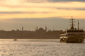 Hagia Sophia. Hagia Sophia and Ferry at sunset from Kadikoy