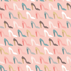 Colourful High heels. Sweet seamless repeat romantic pattern for Saint Valentine day, love heart romance pink red beige white pastel colours