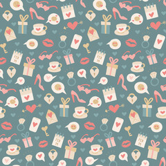 Sweet seamless repeat romantic pattern for Saint Valentine day, love heart romance pink red beige white pastel colours on blue background