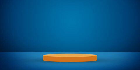 3D Rendered Podium in Orange with Blue Color Room. Modern Abstract Free Space Empty Room backdrop