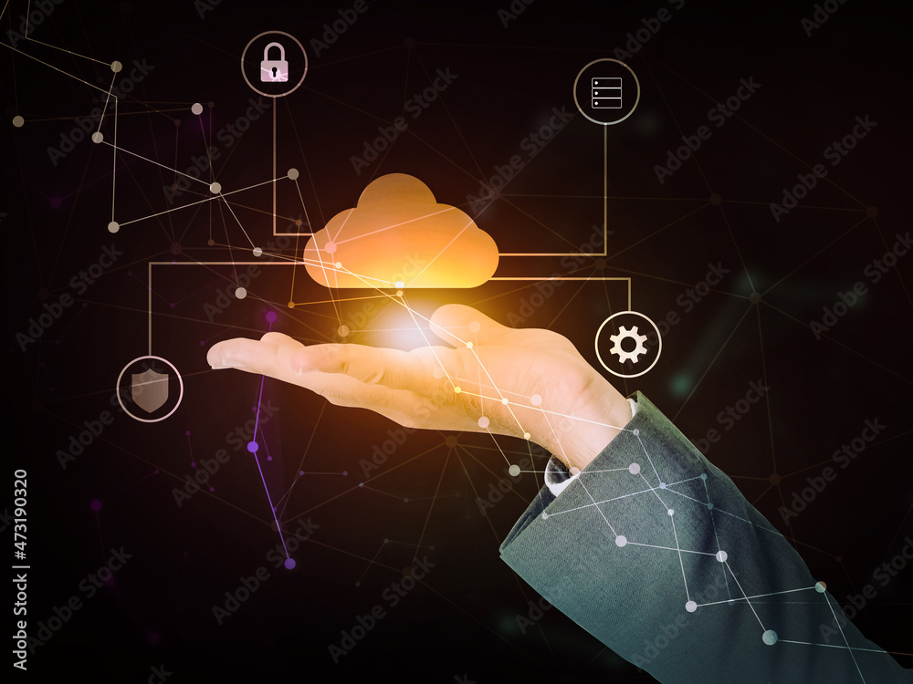 Poster secure cloud computing and networking concept background. futuristic technology backdrop with glowin